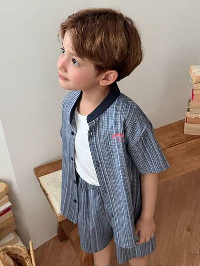 Dazy Kids 男童撞色滚边前扣短袖衬衫和短裤休闲套装（2件套）