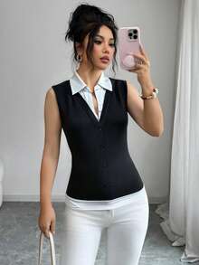 Rafferiza Women's Elegant Black & White Patchwork Sleeveless Top,Women's Casual Knitted Fabric Sleeveless Collar Top 2 In 1 Black Colorblock Tank - Black - View 1