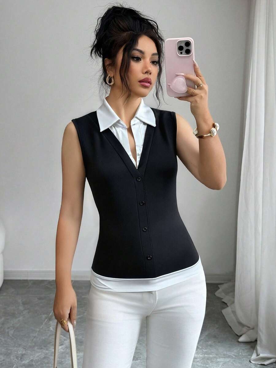 Rafferiza Women's Elegant Black & White Patchwork Sleeveless Top,Women's Casual Knitted Fabric Sleeveless Collar Top 2 In 1 Black Colorblock Tank - Black - View 1