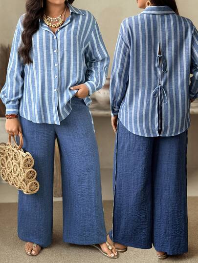 Ceyna Conjunto de 2 piezas de camisa de manga larga a rayas y pantalones de estilo casual elegante francés para mujer de talla grande