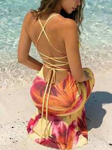 Opulessa Vacation Knit Mesh Printed Open Back Dress For Women, Spring/Summer - Multicolor - View 1