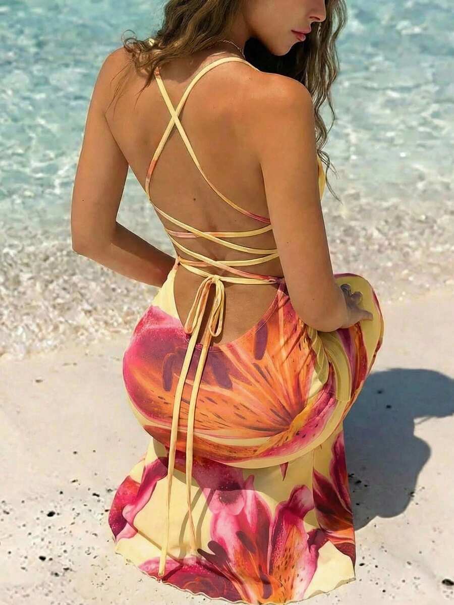 Opulessa Vacation Knit Mesh Printed Open Back Dress For Women, Spring/Summer - Multicolor - View 1