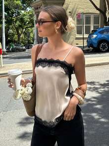 Siren Gaze 女士度假撞色蕾丝吊带背心 - 杏色 - 查看 5