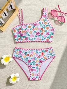 SHEIN Tween Girls White Ditsy Floral Bikini Sets,Asymmetrical Shoulder Design With Detachable Strap,2 Pieces Boho Swimwear For Summer Vacation Holiday Beach - Multicolor - View 1
