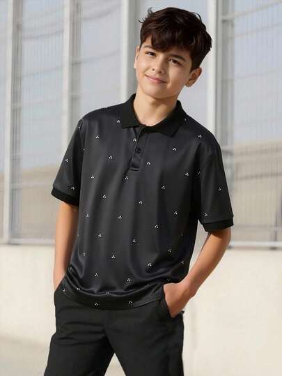 Vacaura 青少年男童全印花黑色休闲短袖Polo衫