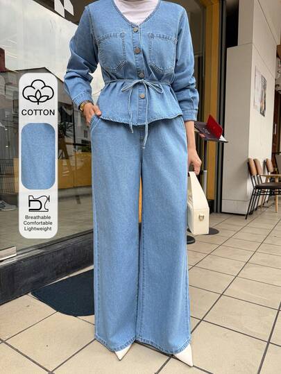 DAZY Women's Casual Belted Shirt With Pockets And Wide Leg Jeans Set, Spring