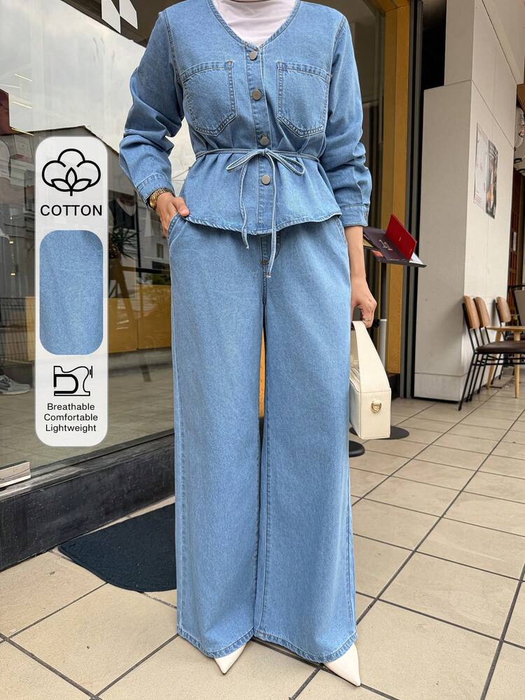 Women's Casual Belted Shirt With Pockets And Wide Leg Jeans Set, Spring,Wedding Guest Dress Women