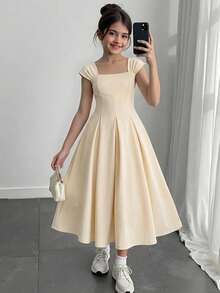 Tween Girl Elegant Sleeveless Wide Strap Ruched Flared Dress,Apricot White Summer Party,Girls Formal Modest Cream Long Beige Classy Spring Dresses - Apricot - View 7