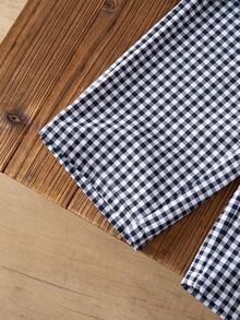 女童夏季两件套：藏蓝色褶皱吊带背心，饰有白色蝴蝶结，搭配蓝白格子阔腿裤，清新甜美，宽松舒适，时尚休闲的儿童夏季服装。 - 寶藍色 - 查看 6