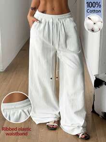 Coolane 女士夏季乡村音乐会外出海滩装扮波西米亚风简约水洗100%纯棉白色弧形裤脚裤 - 白色 - 查看 1