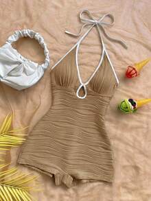 Soleia Bộ jumpsuit nữ dáng ôm, cổ chữ V, buộc nơ phía trước, khoét rỗng, viền tương phản, chất liệu gân, thích hợp cho kỳ nghỉ, dự tiệc, hẹn hò, tiệc trà chiều, đi biển. - Màu be - Xem 5
