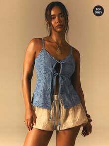 Athîral Women's Casual Vacation Spaghetti Strap Sleeveless Off Shoulder Paisley Blue Lace Up Denim Shirt, Suitable For Going Out, Dating, Commuting, Loose Fit, Blue Washed Denim Top, - Medium Wash - View 1