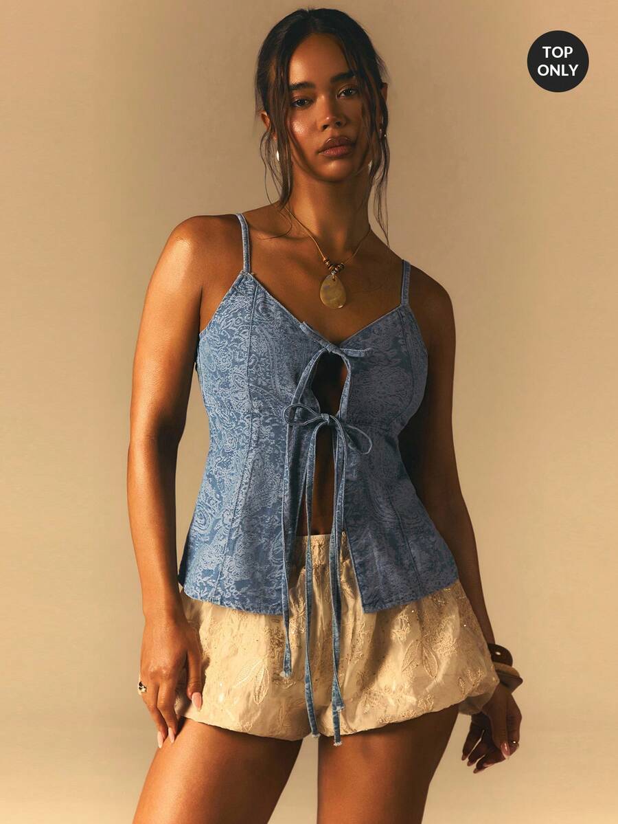 Athîral Women's Casual Vacation Spaghetti Strap Sleeveless Off Shoulder Paisley Blue Lace Up Denim Shirt, Suitable For Going Out, Dating, Commuting, Loose Fit, Blue Washed Denim Top, - Medium Wash - View 1