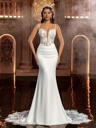 Glamrae Elegant Luxurious Romantic French Embroidery Bone Lace Spaghetti Strap Sweetheart Neckline Bodycon Mermaid Floral Hem Semi-Sheer Formal Dress, Suitable For Wedding, Banquet, Evening Gown White Mermaid Dress White Lace Top Dress White Elegant Dresses White Formal Evening Gown White Bridal Dress