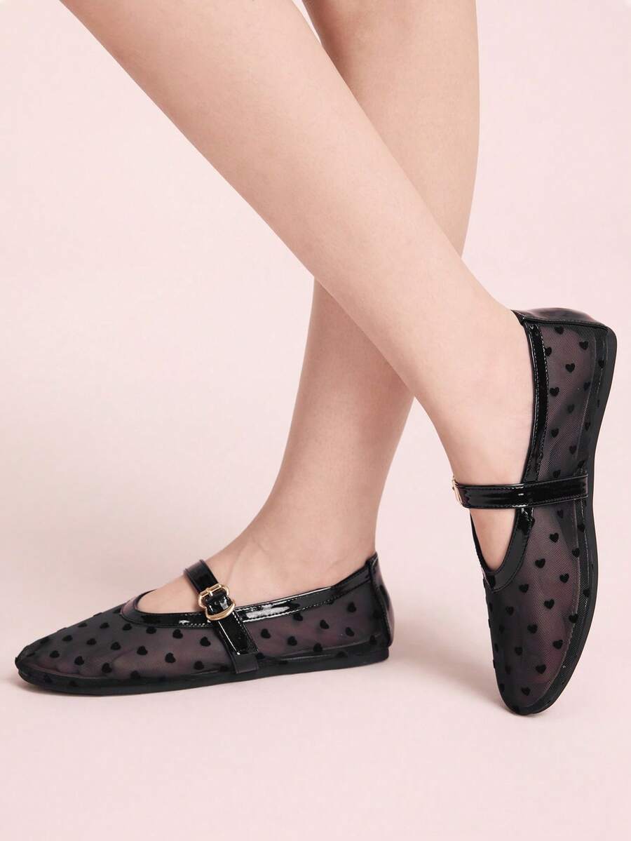CUCCOO DOLLMOD 女士黑色网眼方头玛丽珍鞋，平底金属扣，甜美通勤约会优雅鞋 - 黑色 - 查看 1