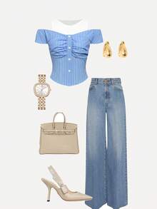 Women's Striped Ruched Button Design Off-Shoulder Fashion Blouse - Blue - View 1