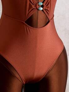 Swim Chiccia Traje de baño de una pieza para mujer, traje de baño de una pieza sólido, elegante y minimalista con diseño hueco sin tirantes, para vacaciones, primavera/verano - Marrón - Ver 7
