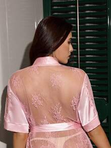 SilkySpell Plus Size Lace Backless Sexy Faux Silk Robe - Pink - View 8