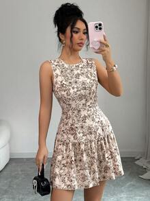 SHEIN PETITE 女士休闲圆领印花荷叶边下摆无袖短裙 - 彩色 - 查看 1