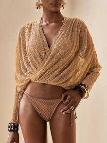 Zivah 2026 女士优雅度假休闲沙滩薄纱针织提花V领长袖罩衫 - 卡其色 - 查看 4