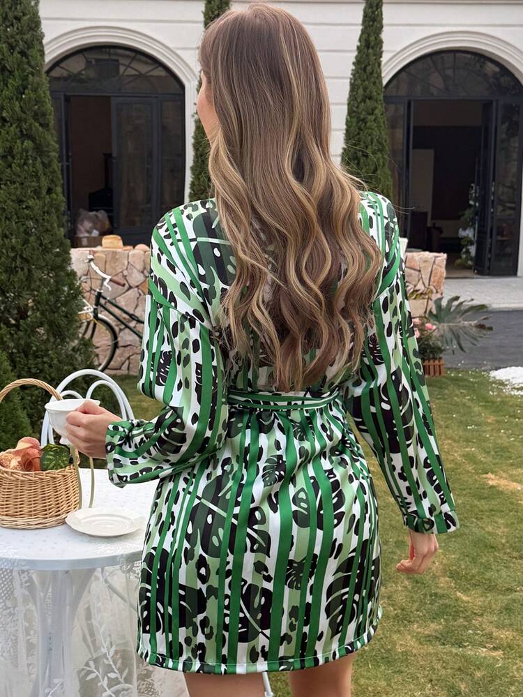 3pcs/Set Tropical Plant & Striped Print Pajama Set, Vacation Style For Women