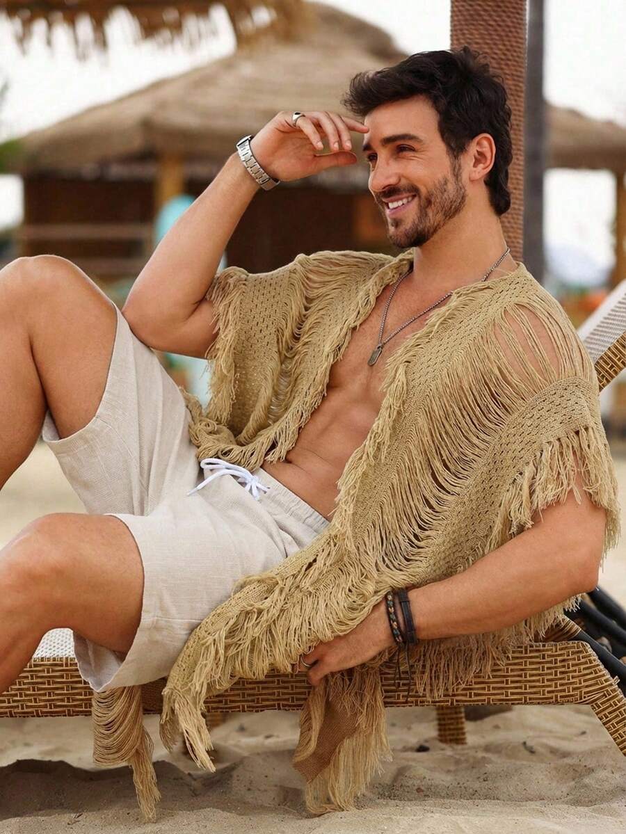 Manfinity RSRT Men's Solid Color Fringe Cardigan Earthy Clothes Men Men Festival Outfit Men S Beach Cover Up Men S Fringe - Apricot - View 1