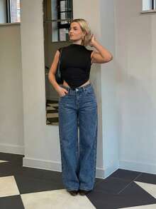 Bethéva 女士休闲高腰阔腿牛仔裤 - 藍色 - 查看 5