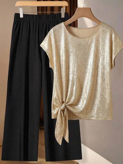 SHEIN Clasi 大码女式箔印蝙蝠图案短袖打结上衣和阔腿裤休闲两件套