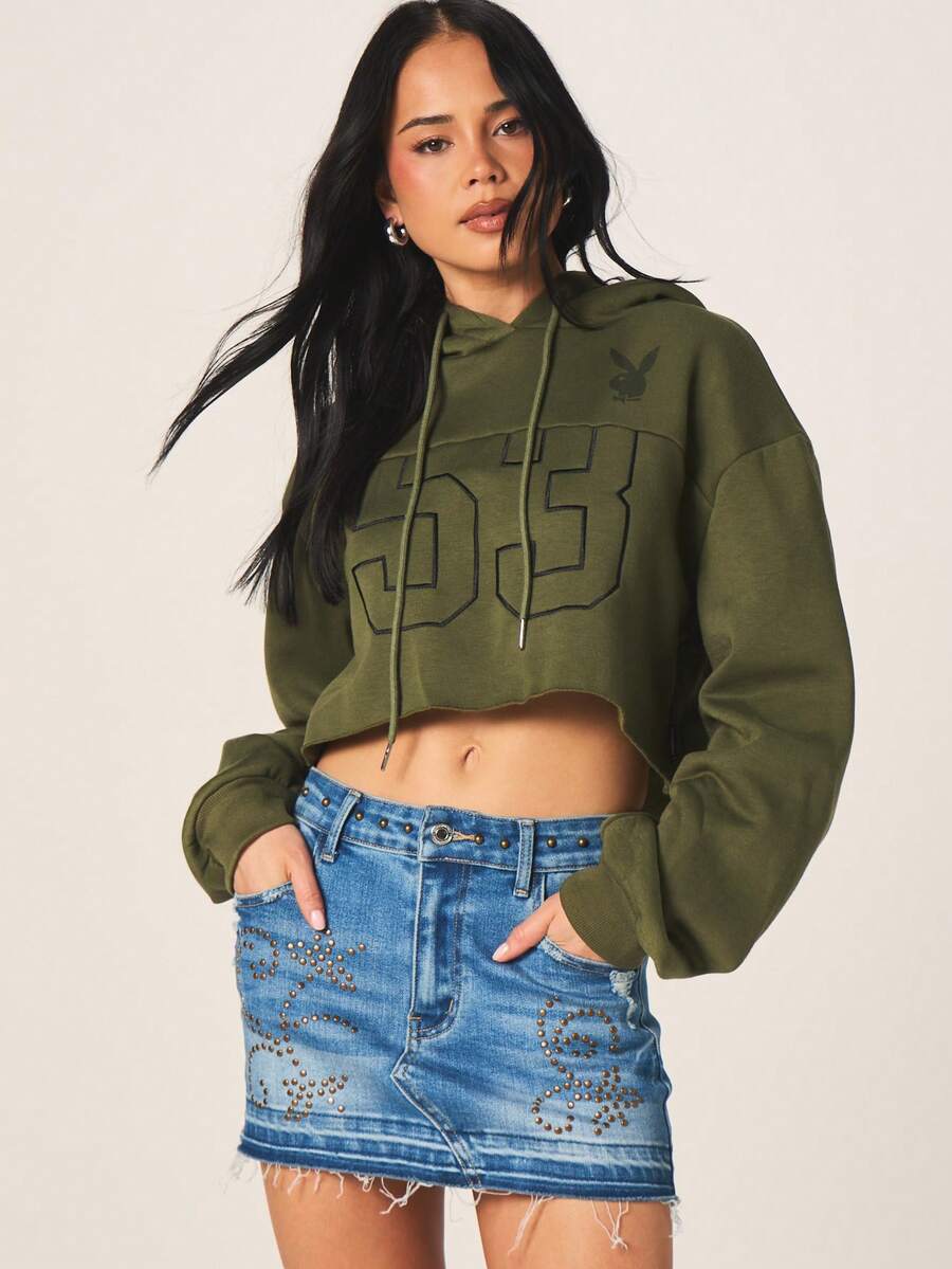 Missguided x Playboy Women's Cropped Pullover Hoodie With "503" Graphic Print And Logo Drawstring Sweatshirt - Army Green - View 1