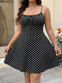 GalTyme 大码夏季休闲波点印花吊带连衣裙 - 黑與白 - 查看 7