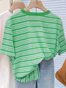 INAWLY Vintage Colorful Striped Short Sleeve T-Shirt, Casual Round Neck Top For Summer - Multicolor - View 2