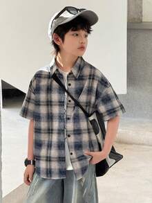 DAZY Tween Boy Plaid Short Sleeve Single-Breasted Casual Loose Shirt Summer - Blue - View 2