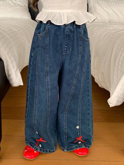 Dazy Kids Young Girl Bow Decor Pocket Casual Versatile Daily Wear Wide Leg Jeans
