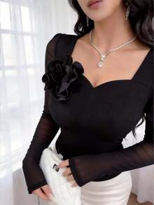 Modelyn Women's Solid Color 3D Floral Decor Mesh Patchwork Long Sleeve Fitted Elegant T-Shirt - Black - View 4