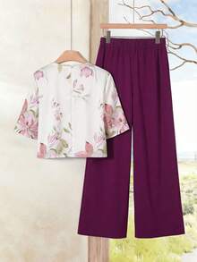 Rusticease Women's Casual Elegant Floral Print Top And Drawstring Waist Wide Leg Pants 2-Piece Set, Suitable For Spring, Summer And Autumn Tea Party Pink Purple - Multicolor - View 7