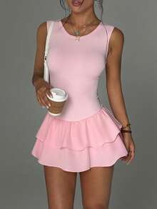 CourtClass Mono sin mangas con cuello redondo, espalda descubierta y falda con volantes con bolsillos, adecuado para uso diario casual, correr, yoga, gimnasio, tenis, golf, primavera/verano - Rosa - Ver 5