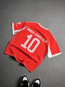 Aesthetic Post 红白撞色渐变线条设计，经典球衣元素重现，胸前印有10号球员号码，球队星形标志，男士图案T恤，女士图案T恤，男士时尚运动夹克，足球/橄榄球装备 - 彩色 - 查看 2