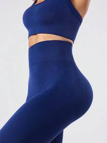 Solea Cove Royal Blue Summer Athleisure Gym Seamless Yoga Set,No See-Through Square Neck Sports Bra And Scrunch Leggings,Buttery Soft 2 Piece Workout Set - Navy Blue - View 6