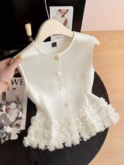 GlowEve Women's Summer Knit Satin Sheen Round Neck Faux Cat Eye Button Sleeveless 3D Floral Decor Fitted Straight Cropped Open Front Fashionable Elegant Versatile Casual White Blouse