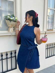 GalTyme 大码女式圆领侧系带休闲无袖牛仔连衣裙 - 藍色 - 查看 4