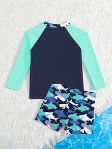 New Fashion Young Boy2 Pieces Swimsuit Set, Long Sleeve Top And Shorts, Digital Print Design - Multicolor - View 2