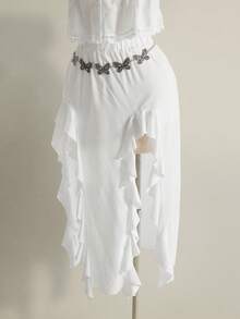 SHEIN ICON Plus-Size Women's White Autumn Boho Vacation Holiday Retro Elegant Y2K Skirt,Side Slit Ruffle Design Grassland Music Festival Party Fashion - White - View 9