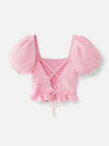 lacRébo Pink Crocheted Square Neckline Top With Short Puff Sleeves, Tied At The Back, For Spring And Summer Spring Summer French Style Parisian Style - Pink - View 7