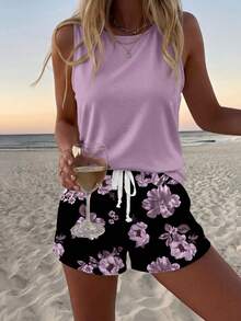 Sylviya 2 件女式夏季花卉印花无袖圆领吊带背心和短袖两件套，适合外出和度假 - 彩色 - 查看 3