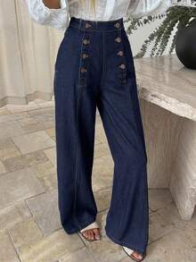 DAZY Women's Solid Color Metal Buckle Decor Casual Jeans - Blue - View 5