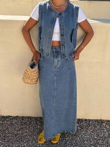 DAZY 女士休闲圆领短袖上衣和牛仔裙套装 - 淺色水洗藍 - 查看 7