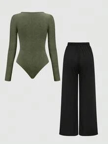 Olithes 2pcs Solid Color Asymmetric Hem Top And Pants Set - Multicolor - View 2
