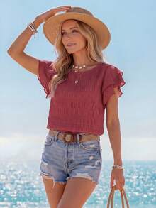 Sylviya Women Summer Solid Color Round Neck Short Flounce Sleeve Loose Pleated Blouse - Pink - View 4