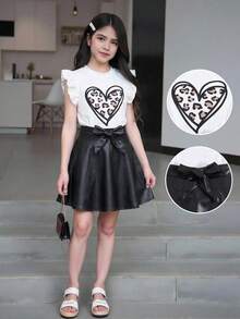 Sparklyn Tween Girl Heart Print Ruffle Trim Tee & PU Skirt Summer Holiday - Black and White - View 4