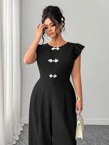Elenzga Plus Size Women's Elegant Casual Minimalist Round Neck Cap Sleeve Contrast Color Button Waist Long Jumpsuit, Black - Black - View 7